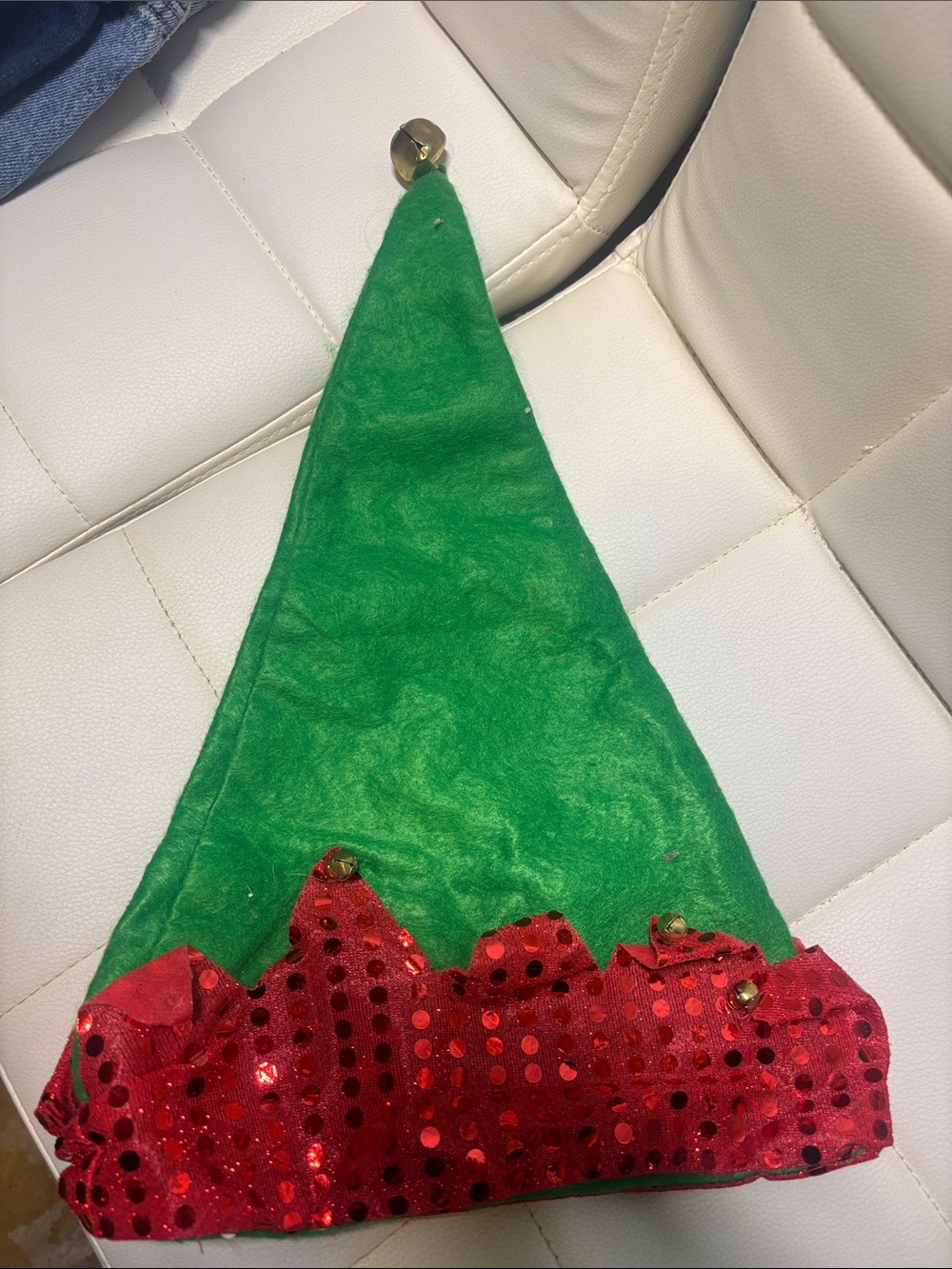 Green Elf Hat with Red Sequin Trim